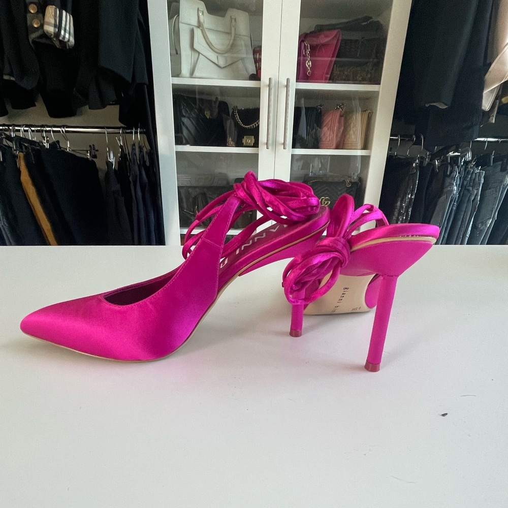 New hot pink satin like fabric lace up pumps